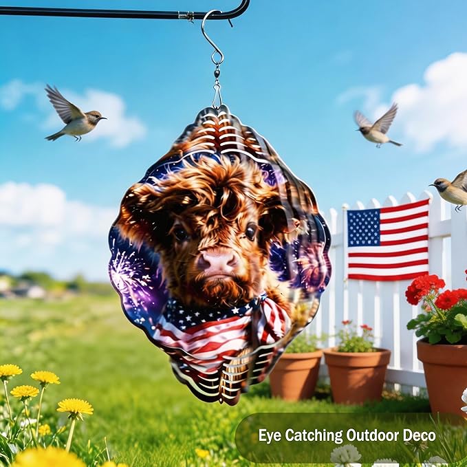 Wind Spinners Cow Fireworks Red White Blue Art 9.8 x 9.8 Inch Metal Wind Spinner Outdoor Garden Decor Festive Illustration Decorative Wind Spinners for Yard Patio