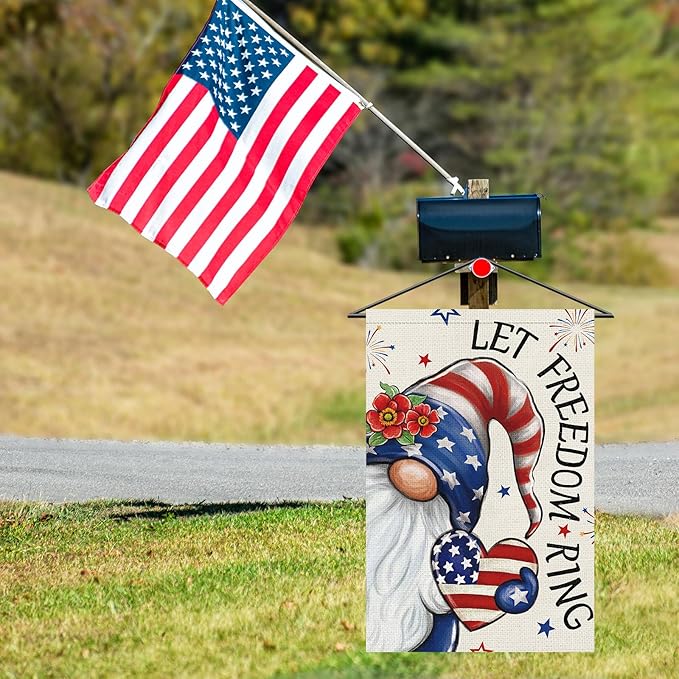 Heyfibro Let Freedom Ring Gnome Patriotic Garden Flag 12x18 Double Sided Burlap, 4th Of July Fireworks Red Flower Heart Pattern Yard Flags for Rustic Independence Day Outdoor Decor (ONLY FLAG)
