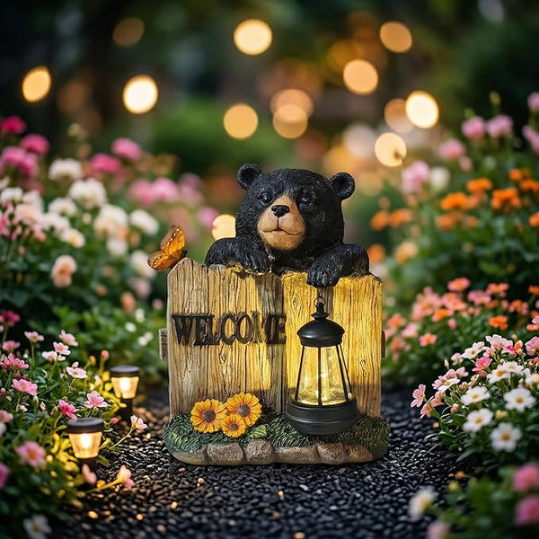 Garden Black Bear Welcome Sign with Solar Lantern, Decorative Outdoor Statue with Butterfly and Sunflowers, Lawn and Porch Decor