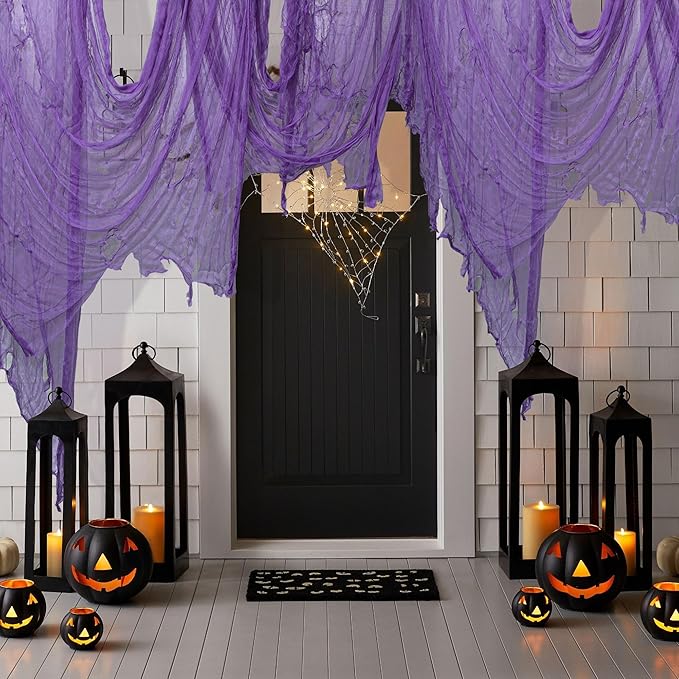 RunNico 197'' x 85'' Halloween Purple Scary Gauze, Purple Haunted House Creepy Cloth, Spooky Fabric Hanging Decoration for Horror Themed Party Supplies Indoor Outdoor Wall Yard Doorway Porch Decor