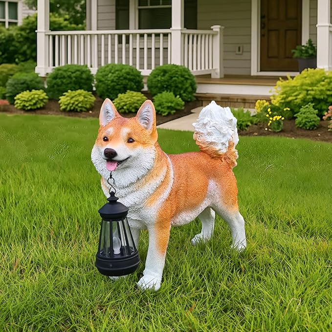 Akita Dog Garden Statue with Solar Lantern & Double-Sided Welcome Sign, Cute Shiba Inu Outdoor Decor Figurine for Patio Lawn Yard, Waterproof Resin Animal Sculpture, Dog Lover Gift