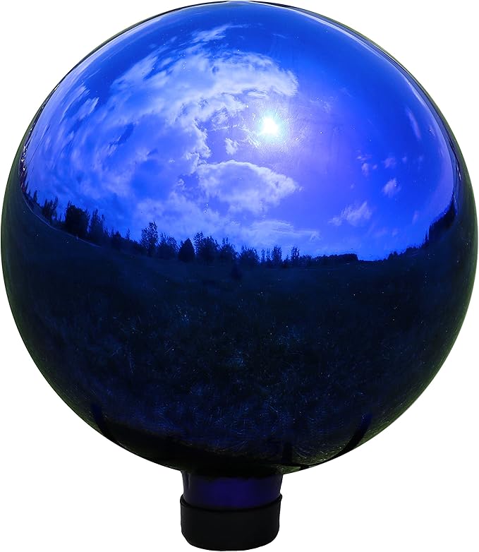 Sunnydaze 10-Inch Gazing Ball for Garden - Glass Gazing Globe with Mirrored Stainless Steel Finish - Blue