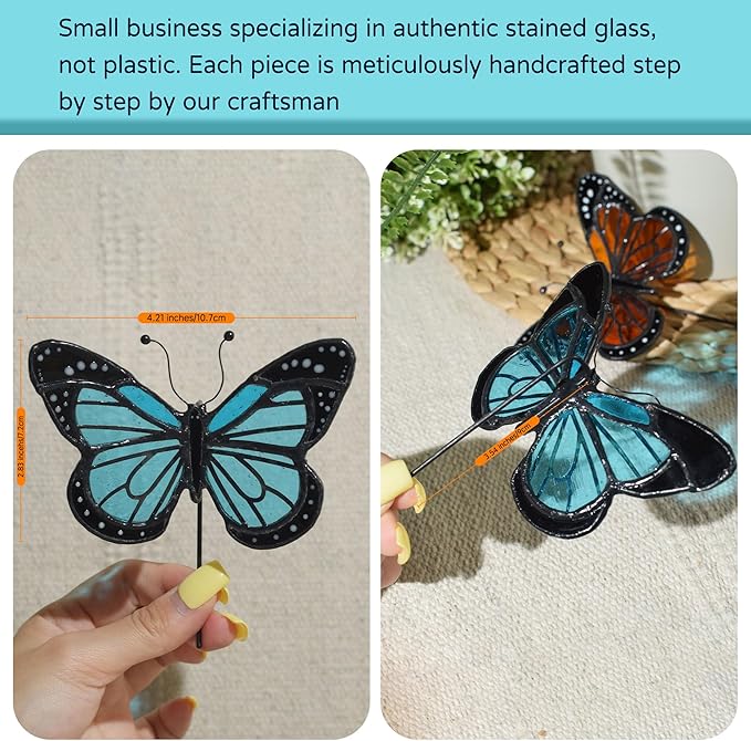 Lolitarcrafts Stained Glass Butterfly Suncatcher-Monarch or Luna Moth Design for Indoor and Outdoor Plant Decoration,Colorful Glass Plant Pot Ornament, Plant Lovers Gifts (Orange Monarch)
