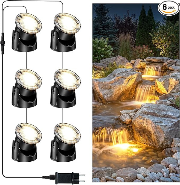 POPOSOAP LED Underwater Pond Lights 6-Head, IP68 Waterproof Pond Lights with Timer, 90° Rotatable Design & Gravity Base Fountain Lights for Pond Fountain Waterfall Aquarium Pool -P66HZ