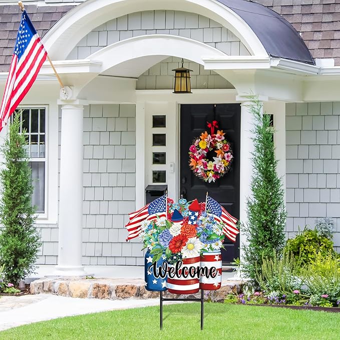 JarThenaAMCS Patriotic Flower Metal Garden Stakes 4th of July American Flag Floral Vase Decorative Lawn Sign Welcome Yard Sign for Independence Day Home Outside Decor