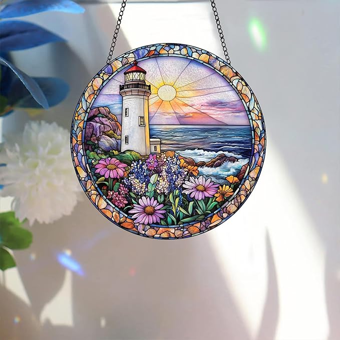 Bimkole Lighthouse Stained Glass Suncatcher Window Hanging - Flower Scenery Indoor Window or Doorway Decoration - Handmade Sun Catcher Decor for Garden Home Christmas & Birthday Gifts 7.87x7.87 inch