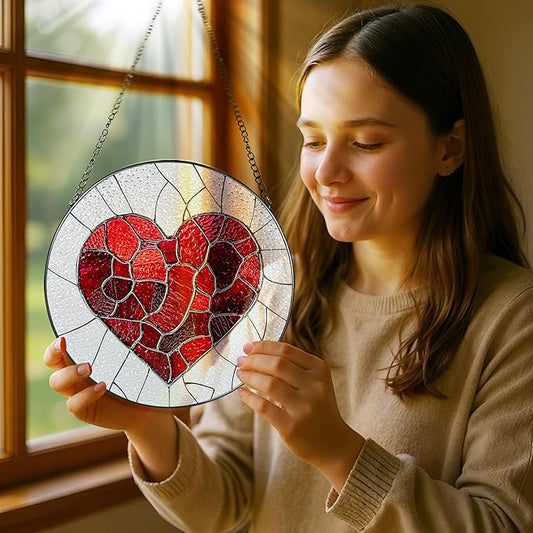 Stained Glass Window Hanging - 8 in Heart Suncatcher - Romantic Decor Love Gift - Gifts for Valentine's Day, Mother's Day, Christmas, Anniversary, Birthday - Gifts for Girlfriend, Couple, Wife, Her