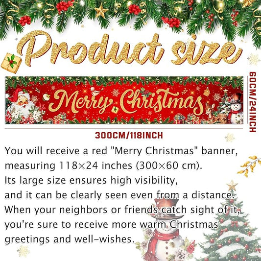 Christmas Yard Decorations Red Merry Christmas Banner Hanging Yard Sign Xmas Santa Claus Snowman Reindeer Home Wall Decor for Garden Outdoor Indoor Birthday Holiday Party Supplies 118 X 23 Inches