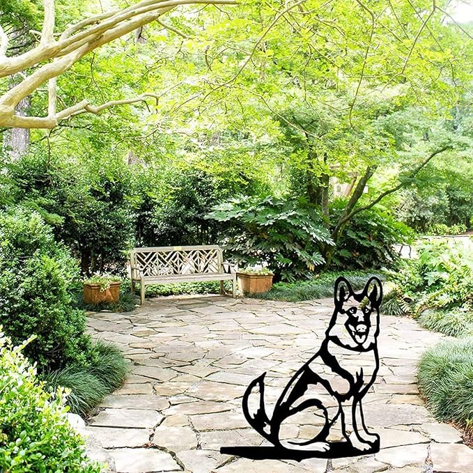 Adorable Dog Stake Decoration Yard Garden Outdoor Metal Art Dog Silhouette Decoration Steel Dogs Statue Adorable Ornament Gift (German Shepherd)