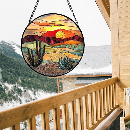DASTOLL Stained Glass Window Hanging, Desert Scenery Lake Suncatcher for Doors Window Home Tan Tree Sun Catchers Decoration Mother's Day Birthday Gifts for Women, Men, and Mom 6.3 in