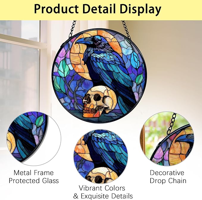 TNUW Black Raven Halloween Stained Glass Window Hanging, Gothic Skull Black Crow Sun Catchers Indoor Window Glass Round Wall Art Decor, Halloween Wall Hanging Decorations, 7.9"x7.9"