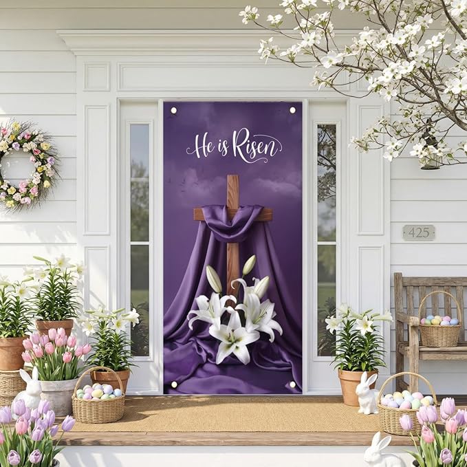 He Is Risen Easter Door Cover Decorations 35x71 Inch - Premium Religious Cross Church Banners with White Lilies, Purple Resurrection Sunday Decorative Porch Sign for Holy Week Home Outdoor Lent Decor