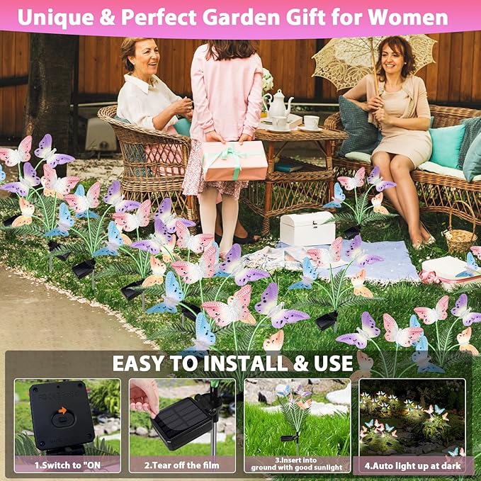 Weepong Solar Garden Lights 4 Pack Waterproof Decorative Solar Lights Outdoor with Glowing Stems,7-Color Changing Fiber Optic Butterfly Light for Outside Yard Lawn Garden Decor, Gifts for Women