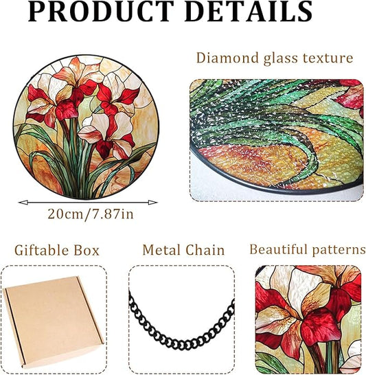 7.87" Stained Glass Window Hanging,Red Gladiolus Flower Sun Catcher for Door Terrace Garden Home Decor,Plants Suncatcher House Warming Gifts New Home