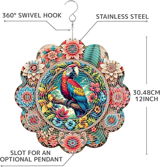 12 Inch 3D Kinetic Wind Spinner for Garden and Yard, Laser-Cut Stainless Steel, Mesmerizing Hanging Decor for Outdoor Patio & Indoor, Vivid Macaw-01