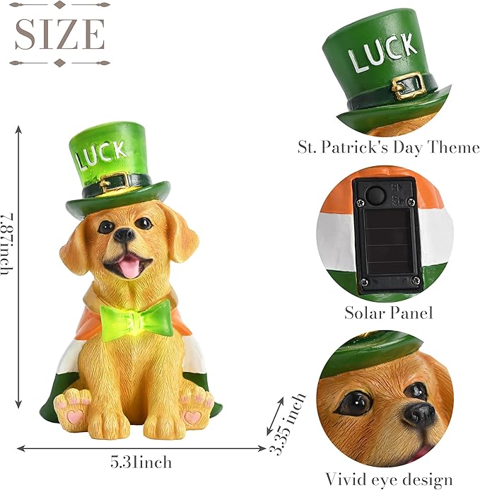 TERESA'S COLLECTIONS Saint Patrick's Day Decor, Dog Statue with Irish Costume and Solar Light, Waterproof Resin Garden Decor, Saint Patrick's Day Decor Gift for Party 8 Inch