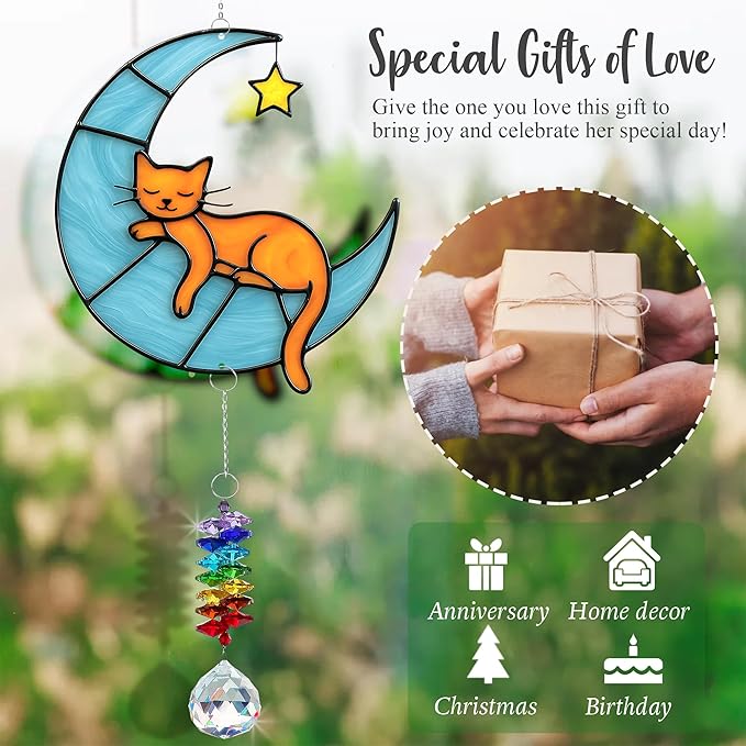 Orange Cat Suncatcher – Cute Orange Cats Hanging on Crescent Moon – Tabby Cat Gifts for Women, Home Window or Garden Decor