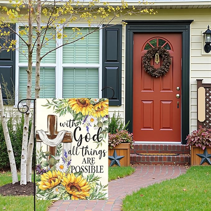 Summer Sunflower Christian Garden Flag with God All Things Are Possible Cross Floral Yard Flags Religious Faith Porch Decor Double Sided Spring Seasonal Front Lawn Decor 12x18 Inch