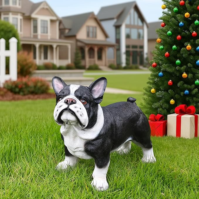 Outdoor French Bulldog Dog Statue with Interchangeable Welcome Sign and Detachable Solar Lantern –LED Light Garden Dog Sculpture Décor, Cute Puppy Design for Yard, Porch, Gift