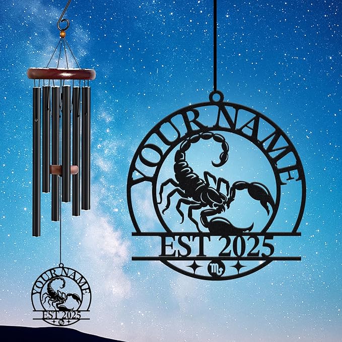Personalized Customize Name 12 Zodiac Signs Wind Chime, Metal Iron 37 Inch Outdoor Memorial Gift for Garden Yard Patio Home Decor, Black (Scorpio)