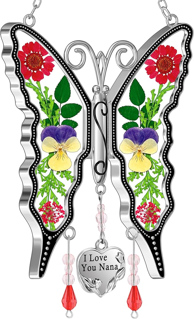 KY&BOSAM Gifts for Nana Butterfly Suncatcher I Love You Nana Stained Glass Window Hanging Wind Chime Ornament with Pressed Dried Flowers and Heart Charm for Mothers Day Birthday Valentines Christmas