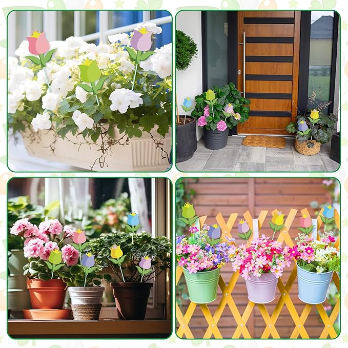 Cinrobiye 12Pcs Spring Floral Flower Planter Stakes Tulip Daisy Pot Signs 5.9Inches Colorful Floral Garden Stake Outdoor Lawn for Spring Party Patio Yard Outside Greetings Home Farmhouse Decor