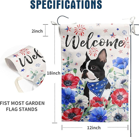 4th of July Boston Terrier Garden Flag Red White Blue Floral Dog Yard Flags Small Memorial Independence Day Banner 12x18 Double Sided for Outside Outdoor Patriotic Decor