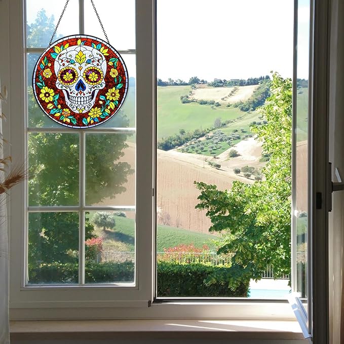 Dia De Los Muertos Sugar Skull Stained Glass Window Hanging Skull Sun Catcher Halloween Decor Halloween Home Decoration Suncatchers for Garden Home Windows Hanging, 7.87inch