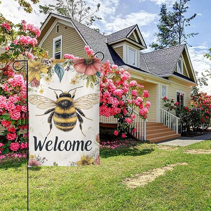 Bee Welcome Garden Flags 12×18 Inch Double Sided Decorative Yard Banner Seasonal Flag for Outdoor Outside Decor