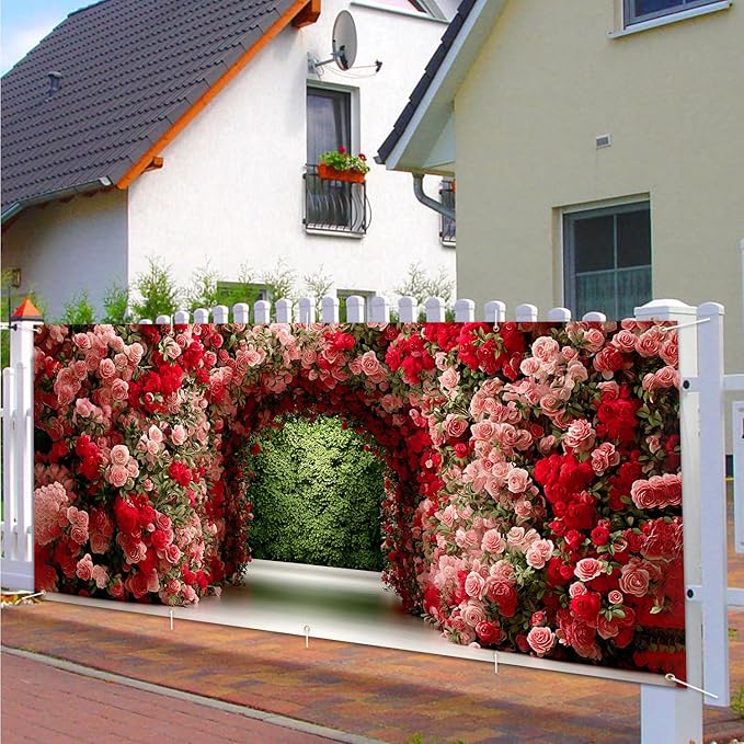 16x7ft Flower Tunnel Arch Garage Door Banner - Colorful Blossom Pathway Backdrop, Large Hanging 2 cars Garage Decorations - for Spring Garden Party & Wedding Valentines Welcome Background Sign, Outdoor Decor