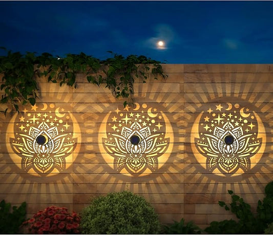 gardencave 2 Pack Solar Fence Lights Metal Solar Powered Outdoor Wall Deck Lights Lotus Theme Waterproof Fence Light for Garden Post Patio Backyard Yard Decor (Lotus, 2 Pack)