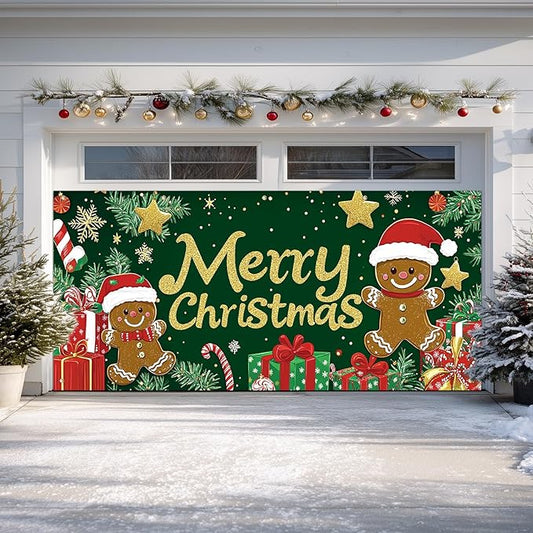IVN Merry Christmas Garage Door Banner 13x6ft Festive Backdrop Gingerbread Cookie Gifts Green Photo Prop Background for Joyful Holiday Yard Door Cover Background Outdoor Winter Scene