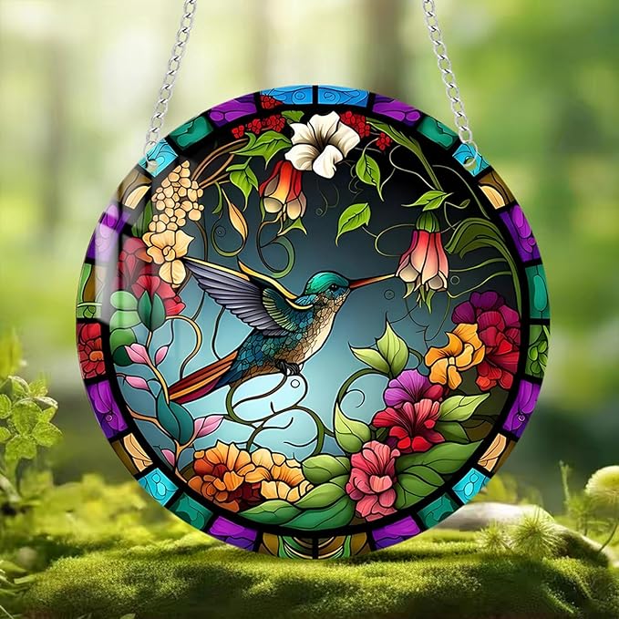 Stained Glass Window Hanging,Paint Bird Flower Suncatcher Diamond Glass Panel Bird Sun Catchers Decor for Birthday for Women, Men, Wife, Aunt, and Friends 5.9x5.9 in