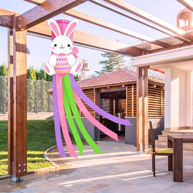 40 Inches Easter Bunny Windsock Decorations, Hanging Outdoor Spring Decor with Colorful Streamers and Cute Rabbit Egg Design, Festive Holiday Wind Sock Ornament for Outside Garden, Patio, and Yard
