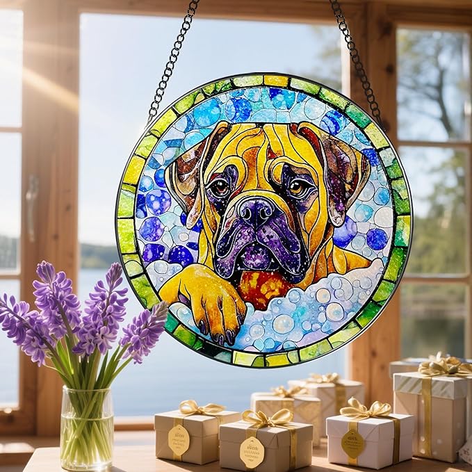 8โณ Stained Glass Window Hanging Ornament, Bullmastiff Dog Stained Glass Suncatcher Ornament, Sun-Catcher Window Decor | Pet Lover Gifts, Gifts for Dog Lovers