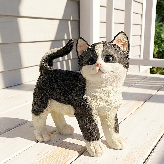 Real Black Tabby Garden Statue - Resin Realistic Cat Sculpture, Pet Loss Memorial Stone, for Cat Lovers, Indoor/Outdoor Decor, Animal Figurine for Yard Ornaments