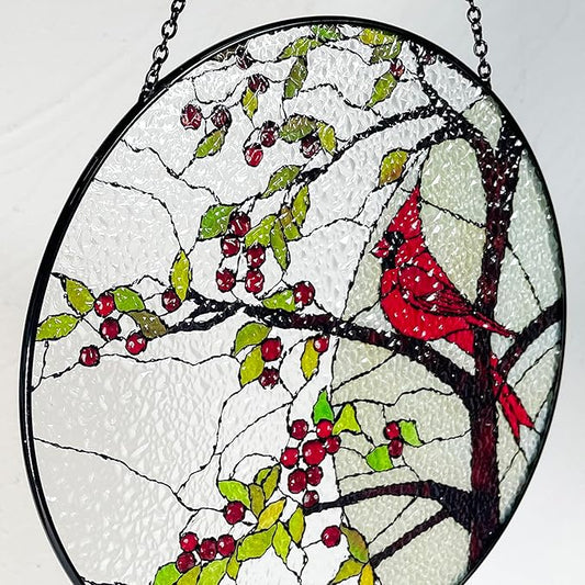Stained Glass Window Hanging Sun Catcher 11.8”- Cardinal in Full Moon Stained Glass Suncatcher, Red Berry Tree, Nature, Indoor Decor, Wall Art, Gifts for Women