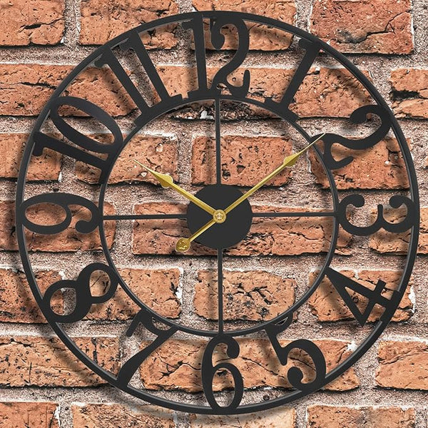 Large Outdoor Wall Clock 24 Inch - Black Metal Decorative Clock with Big Arabic Numbers - Silent Non-Ticking Quartz Clock for Patio, Garden, Porch, Backyard & Indoor Home Decor