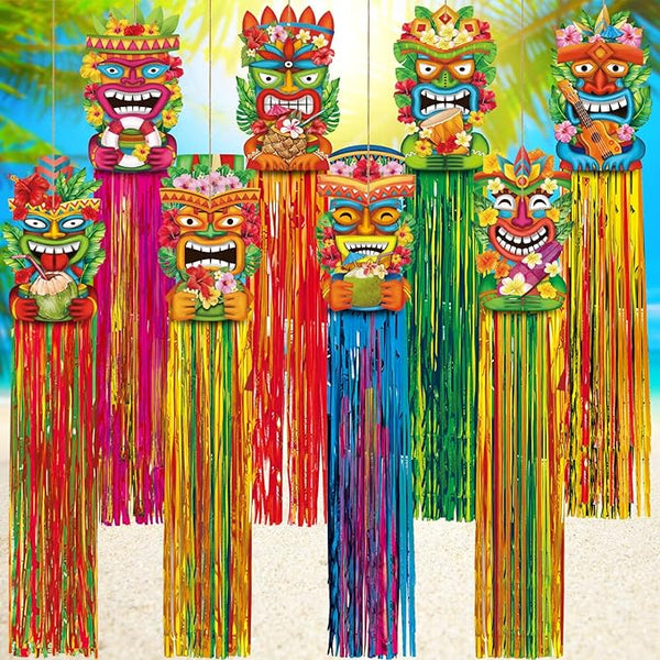 Affrolling 8 Pcs Hawaiian Luau Party Decoration Tiki Totem Hanging Decorations with Tassels for Aloha Hawaii Luau Tropical Birthday Party Supplies 3.3 ft Outdoor Summer Tiki Door Banner Sign Decor