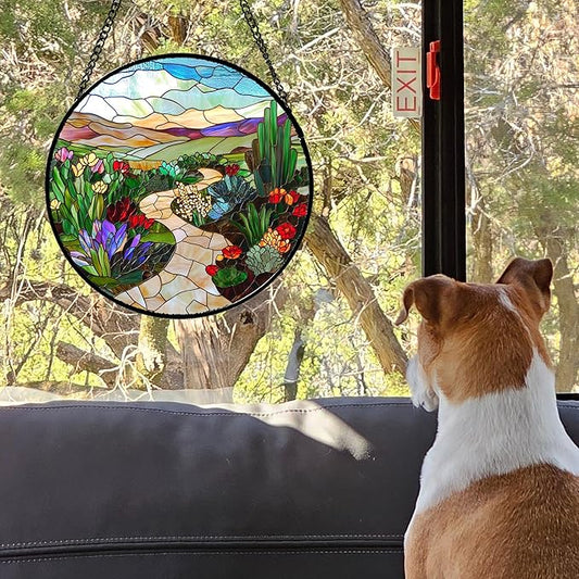 Stained Glass Window Hanging Colorful Wildflowers Mountain Scenery 7.8" - Suncatcher Door Garden Sunroom Sun Catcher Decor Birthday Christmas for Mom Men Woman Nana