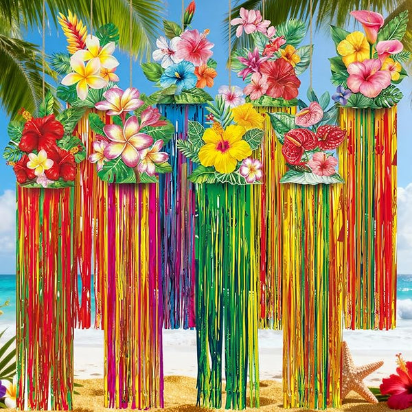 Affrolling 8 Pcs Hawaiian Luau Party Decoration Tropical Flower Hanging Decorations with Tassels for Hawaii Luau Tropical Floral Birthday Party Supplies 3.3 ft Outdoor Summer Door Banner Sign Decor