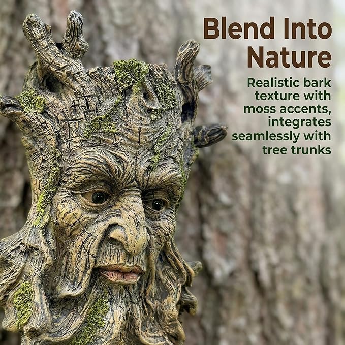 Tree Face Statue Outside Yard Outdoor Decoration, Fairy Tree Face Decor and Yard Decorations Accessory, Whimsical Wallmount Old Man Art with Moss, Fence Hanging Sculpture Orantments, 6.7" x 9.8" Gift