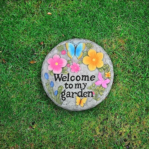 Stepping Stone for Garden Decor, Butterfly Flowers Welcome to My Garden Decorative Paving Stones for Patio Landscape Yard Walkway Path Sculpture Art, Outdoor or Indoor Home Decoration (Floral)