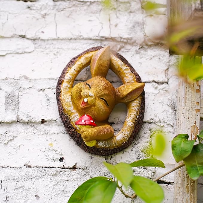 Garden Bunny Sculpture, Decorative Smiling Rabbit Tree Log Statue with Mushroom, Indoor Outdoor Resin Art Decor