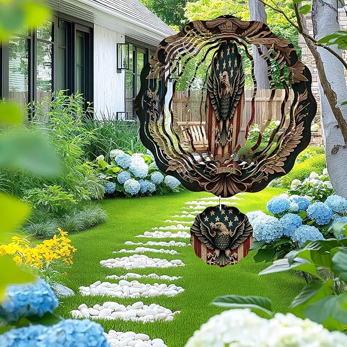 Wind Spinner Hanging Outdoor Decor, 12 Inch 3D Bald Eagle American Flag Metal Kinetic Wind Spinners for Garden Yard Patio, Stainless Steel Laser Cut Art Gifts for Men Veterans Day Outdoor Decorations