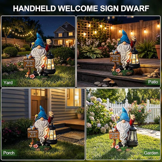 ZQQLITE Garden Gnome Statues Figurine Lights - Solar Powered Lighting Outdoor Decorations with Lantern & Welcome Sign, Yard Art Lawn Ornaments for Porch Patio Balcony - Gnome Gifts for Women Mom
