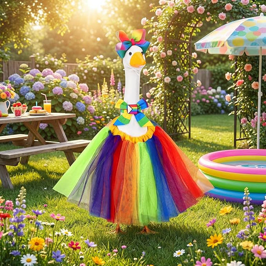 Abbylike Rainbow Porch Goose Outfit Pride Goose Outfit LGBTQ Lawn Geese Costume Clothes with Bow Headband and Tie Fits 23" Cement Geese Statue for Pride Month Outdoor Garden Yard Patio Art Decor