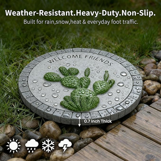 Landoraloria Cement Garden Stepping Stones Outdoor 10” Round Welcome Path Stones with Succulent Design Outdoor Yard & Patio Decor Hand-Painted Cactus Welcome Sign