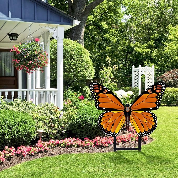 1 Pcs Spring Metal Butterfly Garden Stakes Decor 16.5 Inch Decorative Orange Butterfly Yard Stake Outdoor Insect Decor Metal Garden Art Ornaments for Patio Porch Lawn Backyard