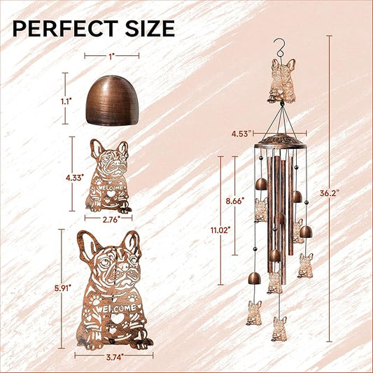 French Bulldog Wind Chimes for Outside, Decorative Wind Chimes French Bulldog Gifts for Women, Memorial Windchimes Outdoors with S Hook for Patio Garden Decor, Birthday Gifts for Mom Grandma (Copper)
